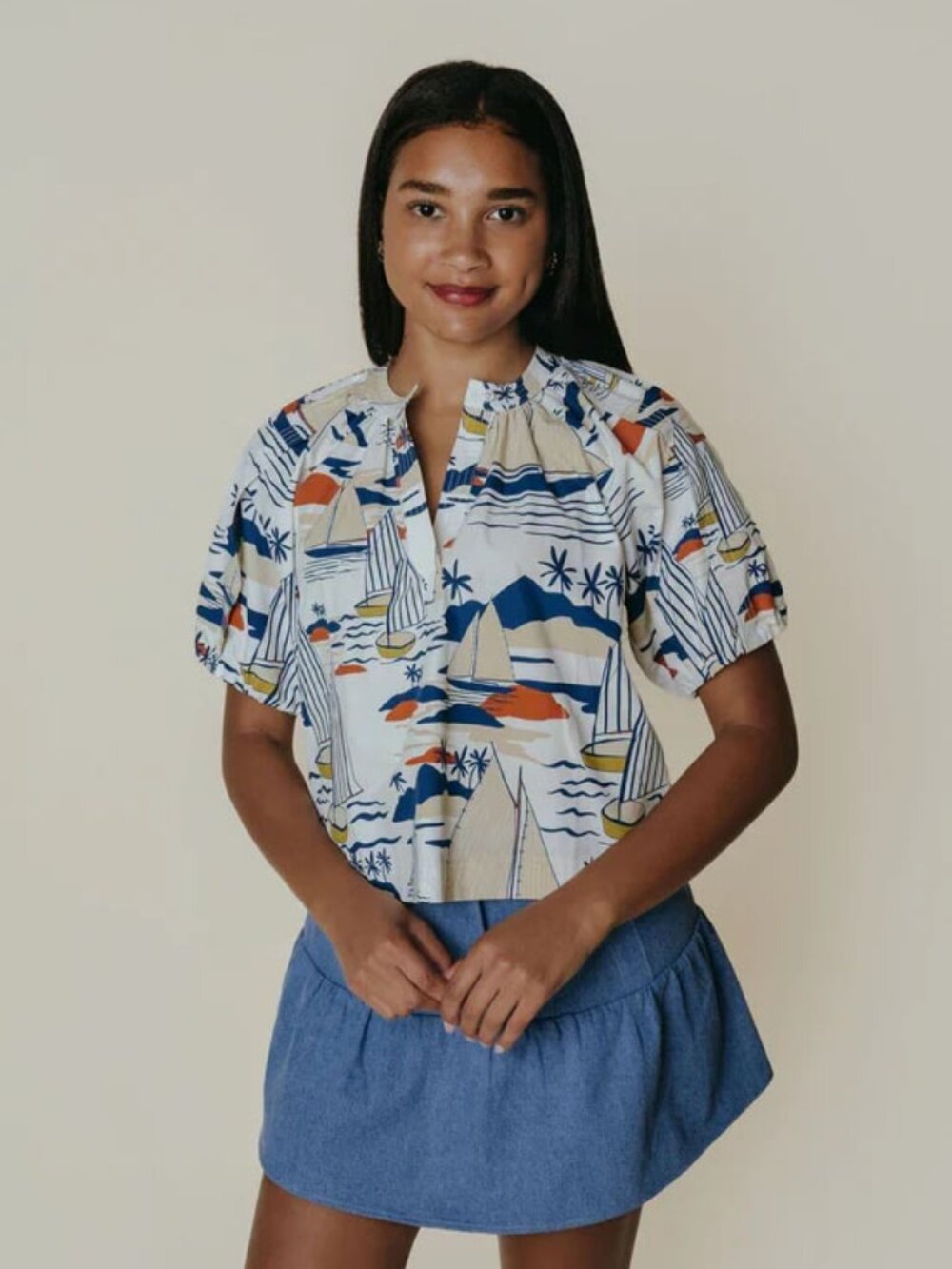 laroque henley top NWT M Medium sailboat print
